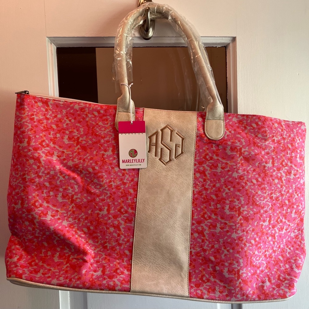 Marley Lilly Monogrammed Spotted Weekender Tote in Pink Digital Leopard